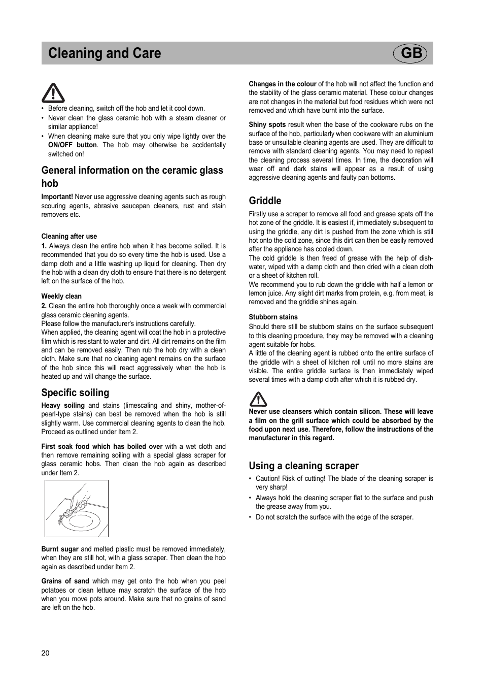 Cleaning and care gb, General information on the ceramic glass hob, Specific soiling | Griddle, Using a cleaning scraper | Teka VT TC 1G User Manual | Page 20 / 85