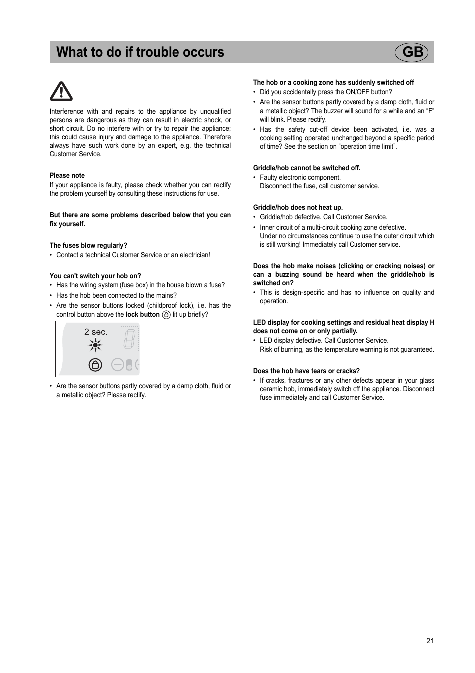 What to do if trouble occurs gb | Teka VT TC 1G User Manual | Page 21 / 85