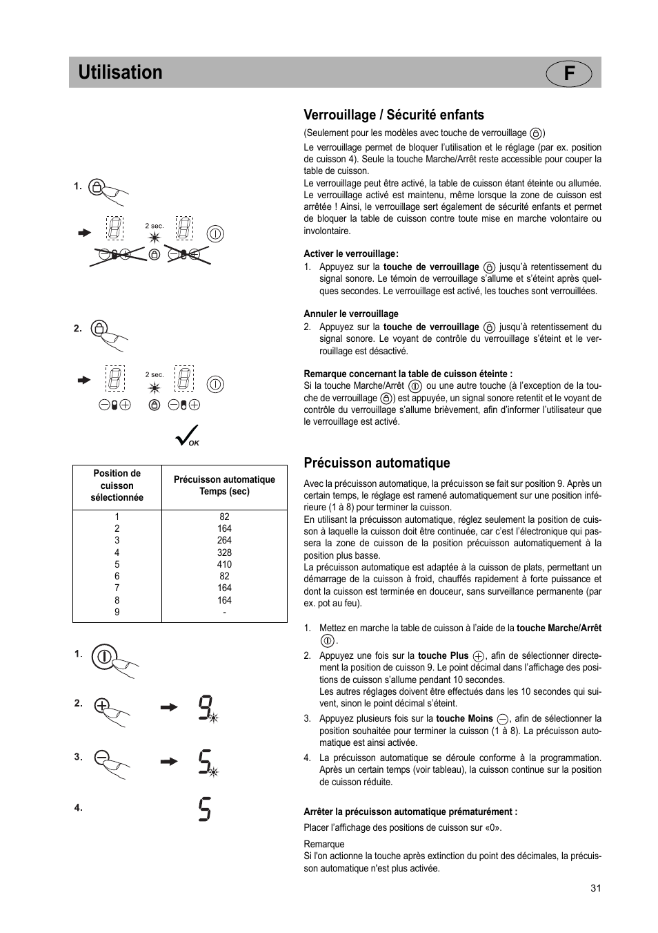 Utilisation f, Verrouillage / sécurité enfants, Précuisson automatique | Teka VT TC 1G User Manual | Page 31 / 85