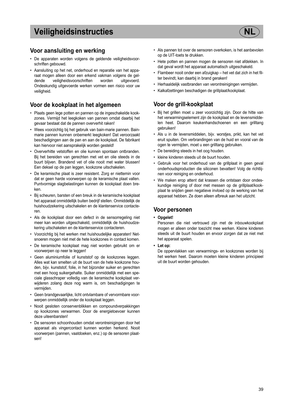 Veiligheidsinstructies nl, Voor aansluiting en werking, Voor de kookplaat in het algemeen | Voor de grill-kookplaat, Voor personen | Teka VT TC 1G User Manual | Page 39 / 85