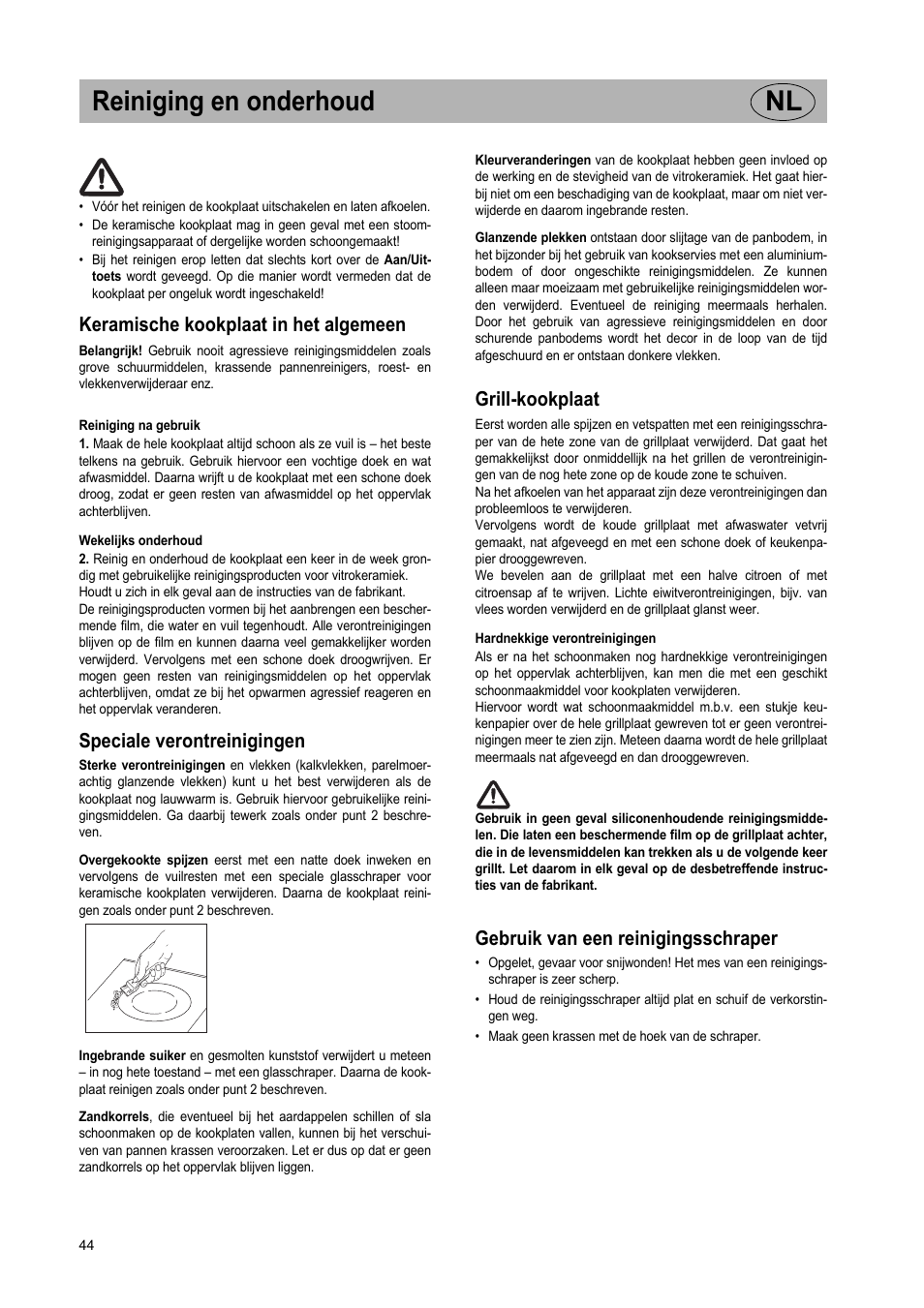 Reiniging en onderhoud nl, Keramische kookplaat in het algemeen, Speciale verontreinigingen | Grill-kookplaat, Gebruik van een reinigingsschraper | Teka VT TC 1G User Manual | Page 44 / 85