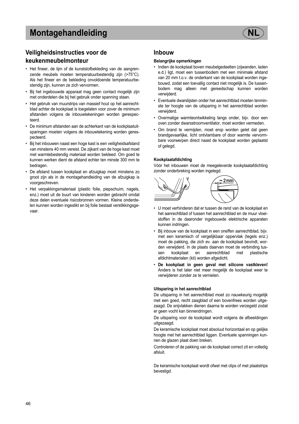 Montagehandleiding nl, Veiligheidsinstructies voor de keukenmeubelmonteur, Inbouw | Teka VT TC 1G User Manual | Page 46 / 85
