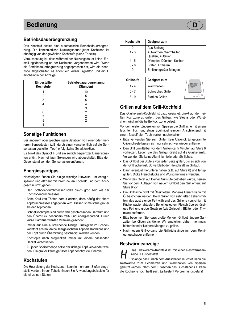 Bedienung d, Betriebsdauerbegrenzung, Sonstige funktionen | Energiespartipps, Kochstufen, Grillen auf dem grill-kochfeld, Restwärmeanzeige | Teka VT TC 1G User Manual | Page 5 / 85