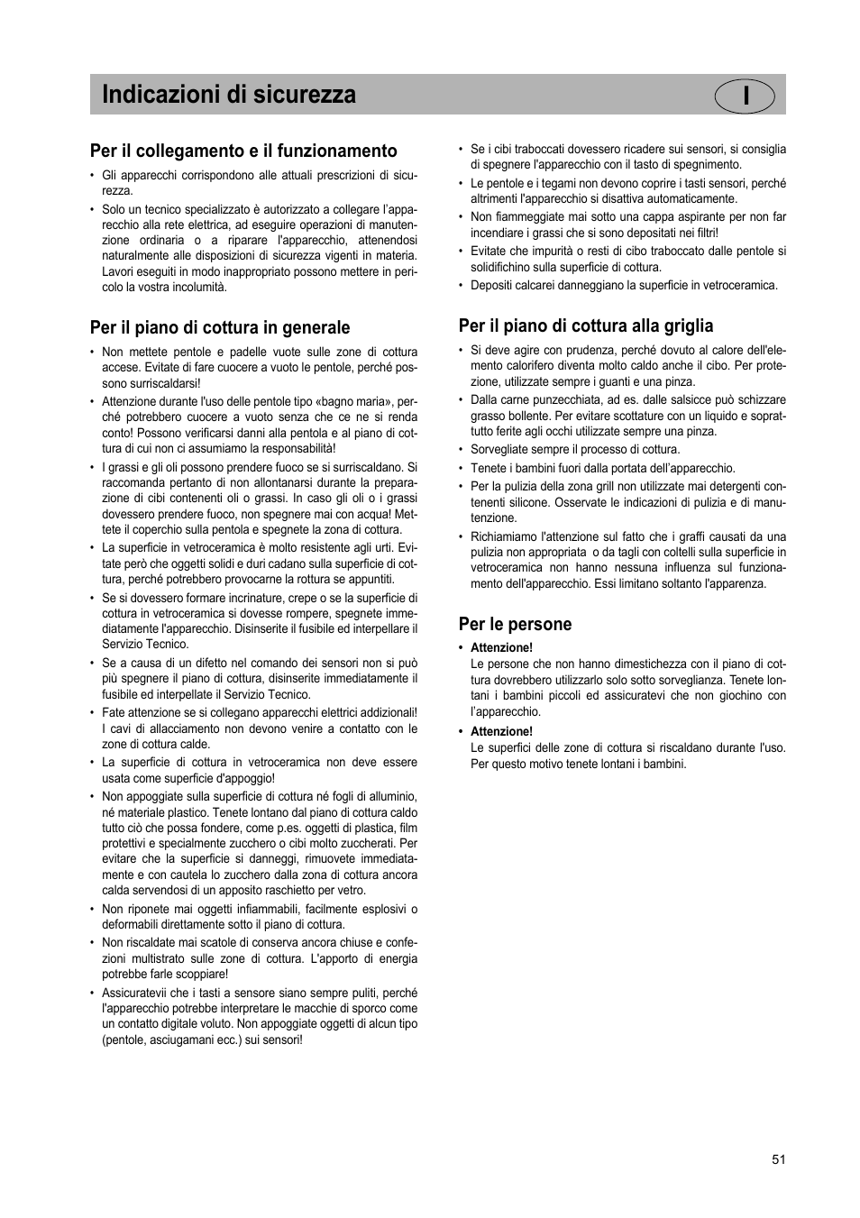 Indicazioni di sicurezza i, Per il collegamento e il funzionamento, Per il piano di cottura in generale | Per il piano di cottura alla griglia, Per le persone | Teka VT TC 1G User Manual | Page 51 / 85