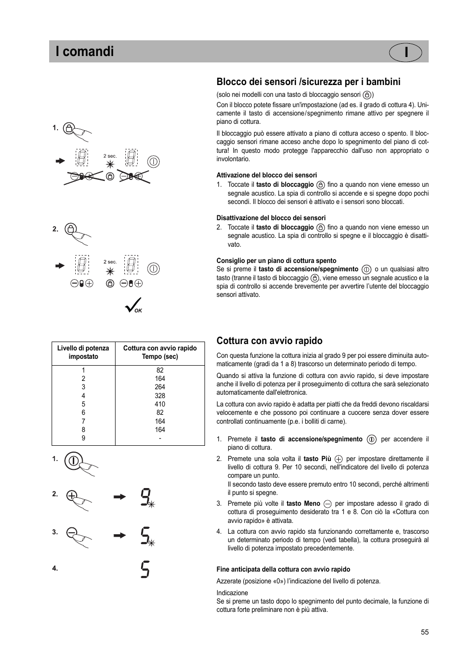 I comandi i, Blocco dei sensori /sicurezza per i bambini, Cottura con avvio rapido | Teka VT TC 1G User Manual | Page 55 / 85