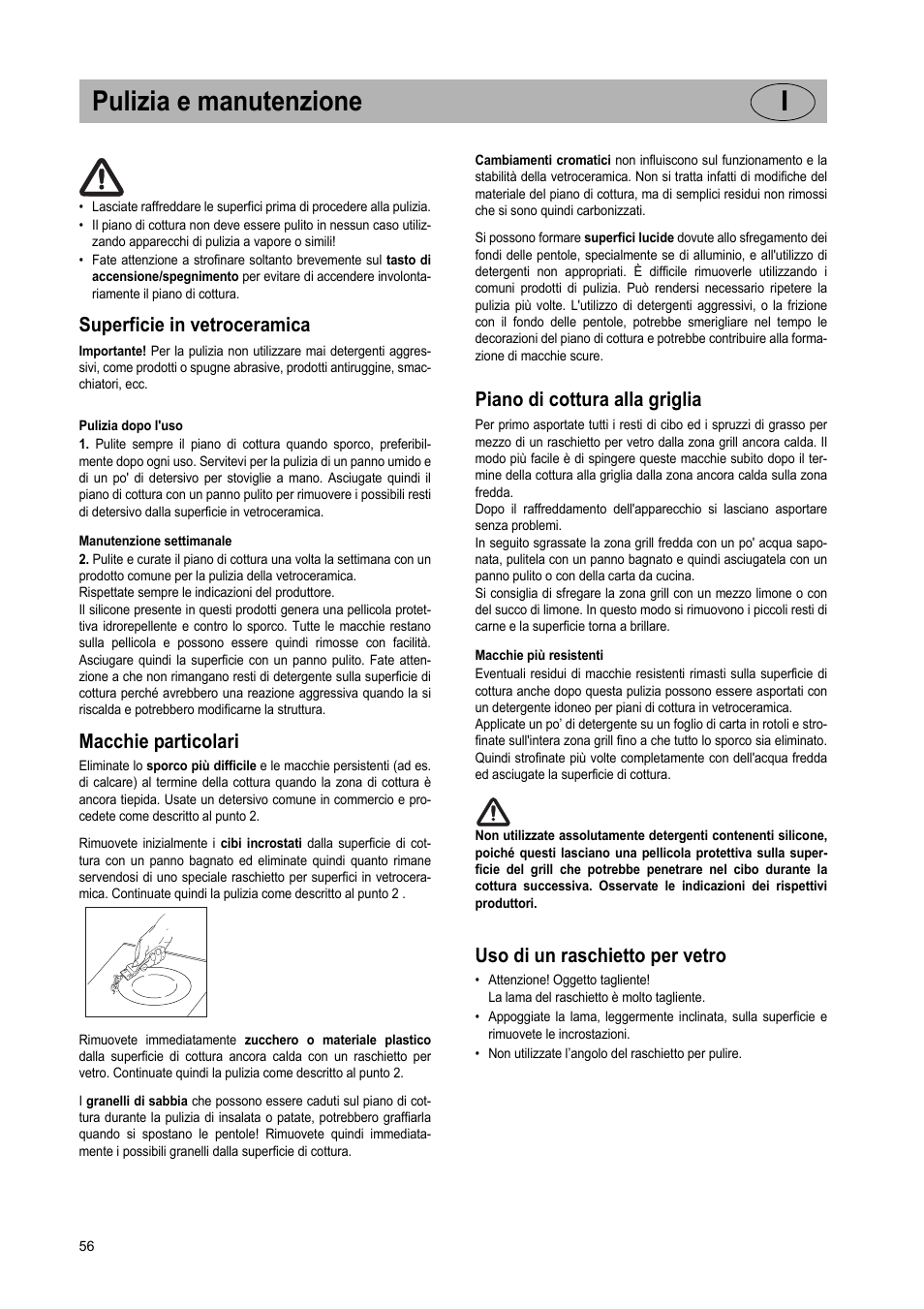 Pulizia e manutenzione i, Superficie in vetroceramica, Macchie particolari | Piano di cottura alla griglia, Uso di un raschietto per vetro | Teka VT TC 1G User Manual | Page 56 / 85