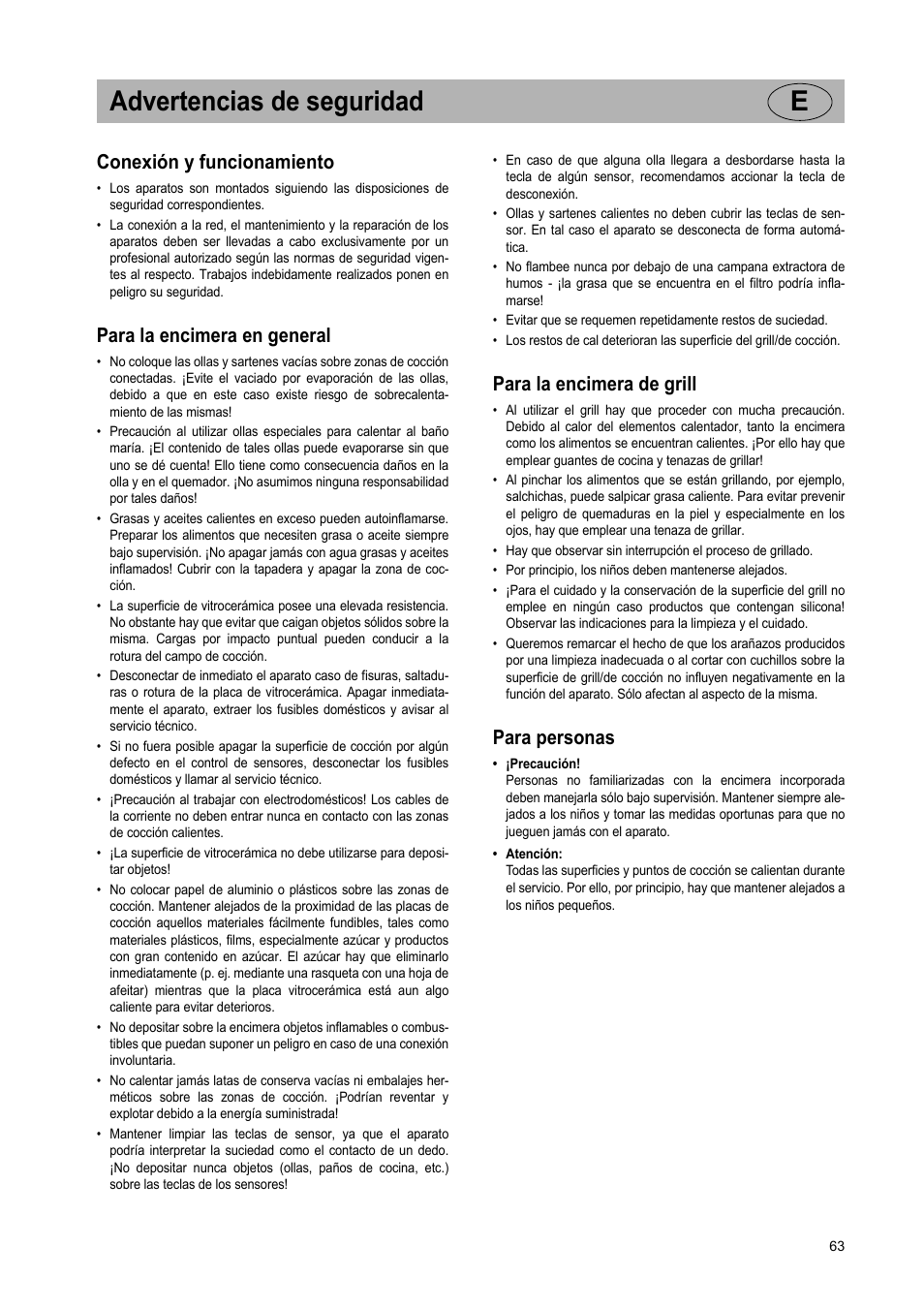 Advertencias de seguridad e, Conexión y funcionamiento, Para la encimera en general | Para la encimera de grill, Para personas | Teka VT TC 1G User Manual | Page 63 / 85