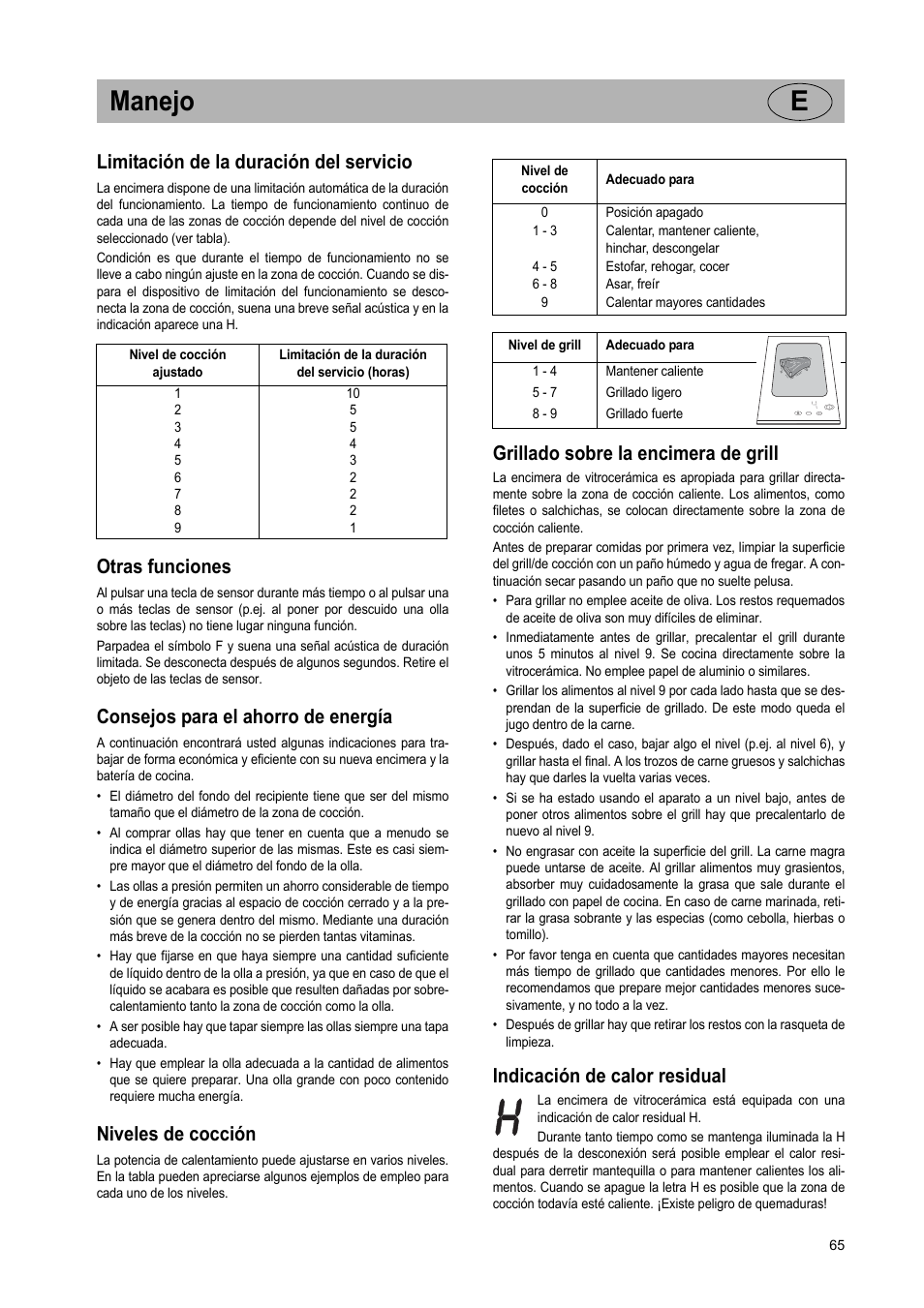 Manejo e, Limitación de la duración del servicio, Otras funciones | Consejos para el ahorro de energía, Niveles de cocción, Grillado sobre la encimera de grill, Indicación de calor residual | Teka VT TC 1G User Manual | Page 65 / 85