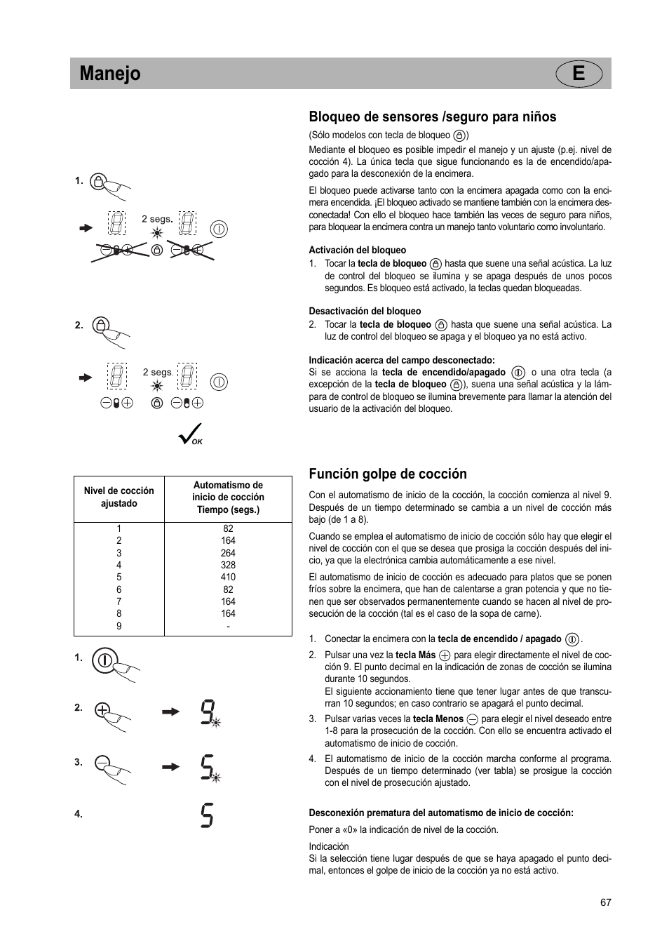 Manejo e, Bloqueo de sensores /seguro para niños, Función golpe de cocción | Teka VT TC 1G User Manual | Page 67 / 85