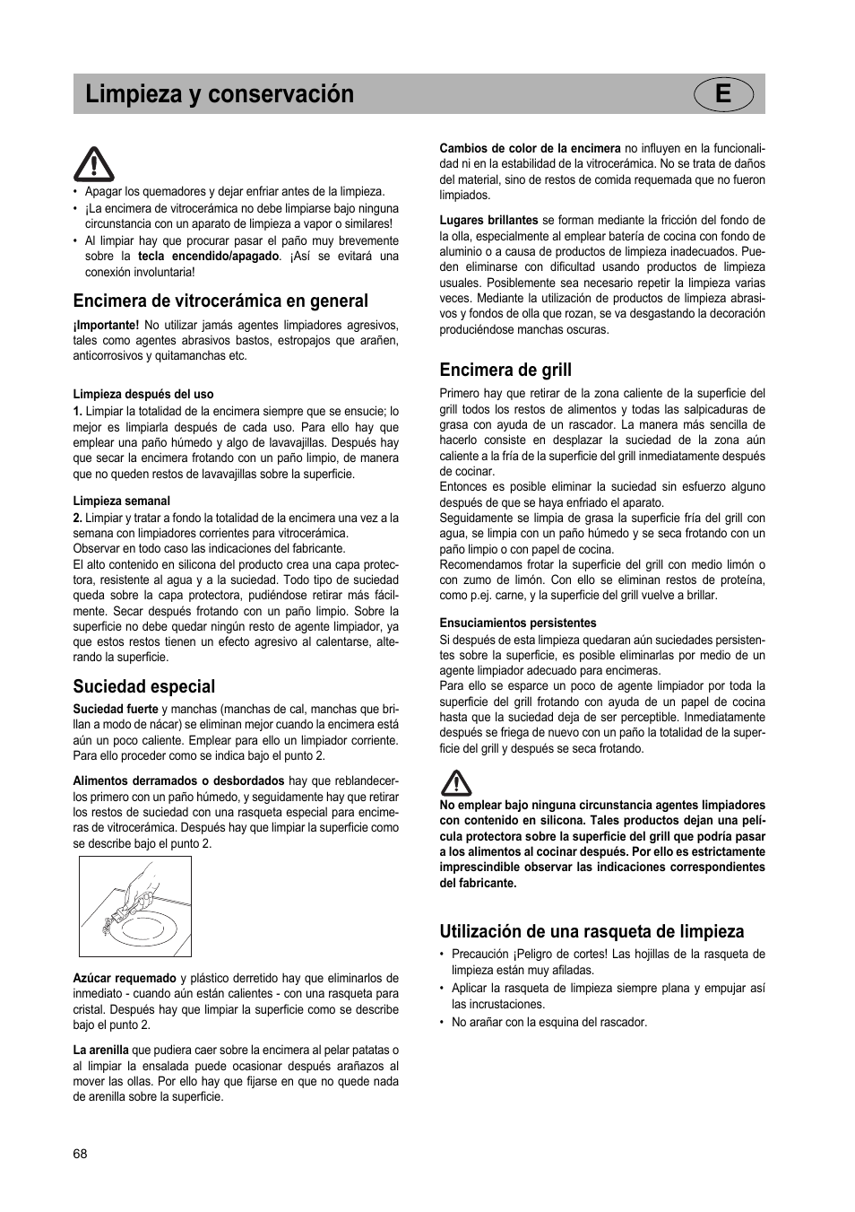 Limpieza y conservación e, Encimera de vitrocerámica en general, Suciedad especial | Encimera de grill, Utilización de una rasqueta de limpieza | Teka VT TC 1G User Manual | Page 68 / 85