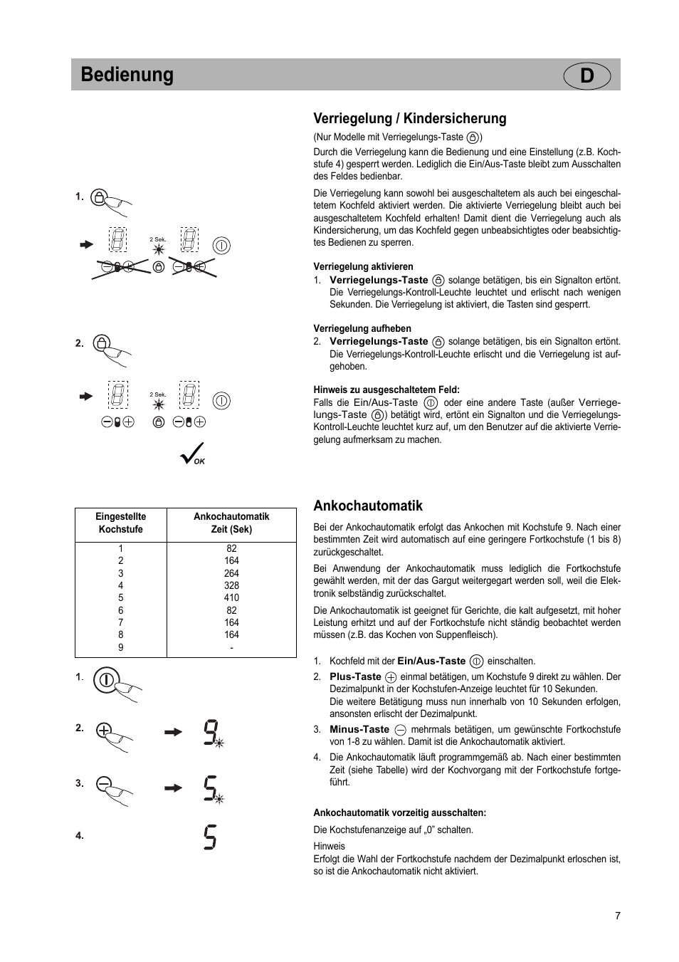 Bedienung d, Verriegelung / kindersicherung, Ankochautomatik | Teka VT TC 1G User Manual | Page 7 / 85
