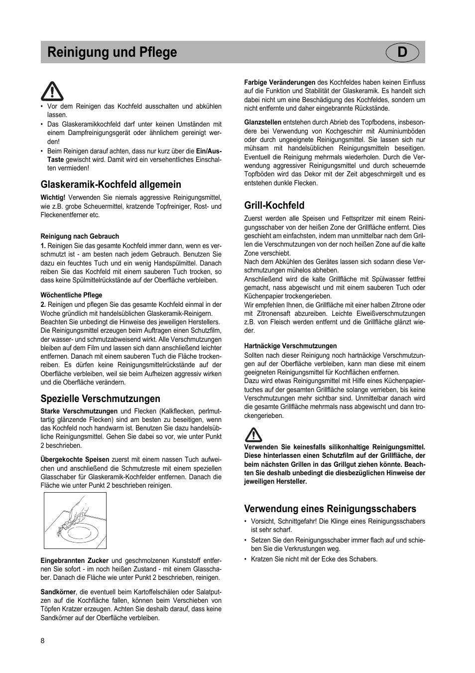 Reinigung und pflege d, Glaskeramik-kochfeld allgemein, Spezielle verschmutzungen | Grill-kochfeld, Verwendung eines reinigungsschabers | Teka VT TC 1G User Manual | Page 8 / 85