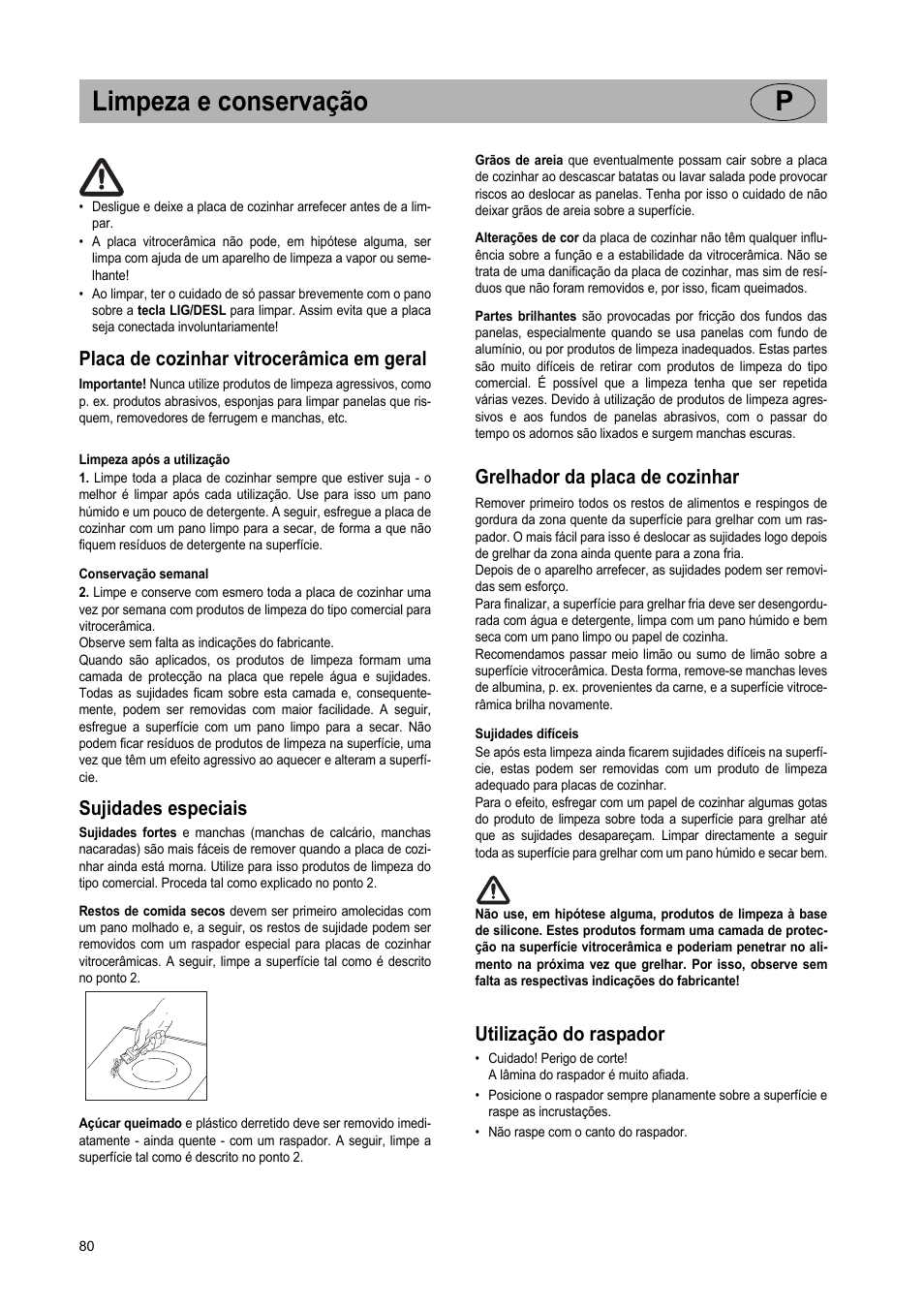 Limpeza e conservação p, Placa de cozinhar vitrocerâmica em geral, Sujidades especiais | Grelhador da placa de cozinhar, Utilização do raspador | Teka VT TC 1G User Manual | Page 80 / 85