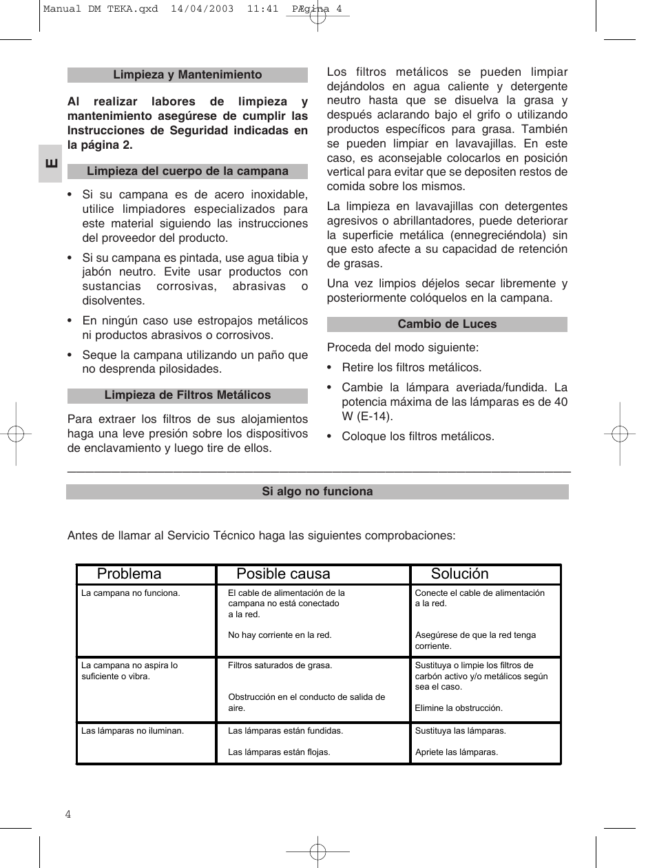 Problema posible causa solución | Teka DM 60_70_90 User Manual | Page 4 / 31