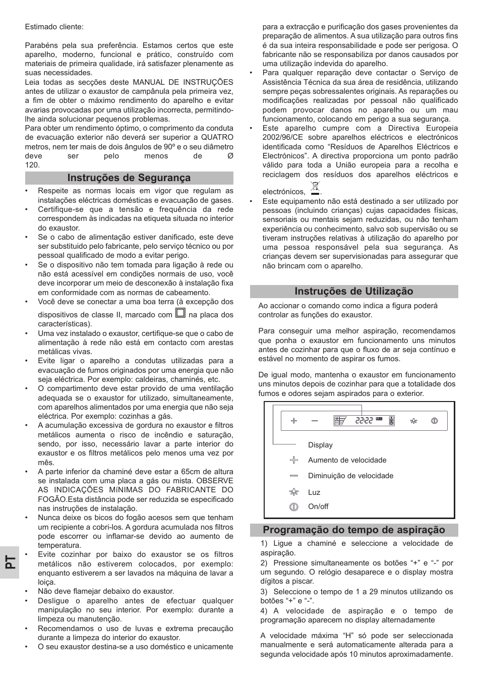 Instruções de segurança, Instruções de utilização, Programação do tempo de aspiração | Teka DHC 90 User Manual | Page 14 / 40