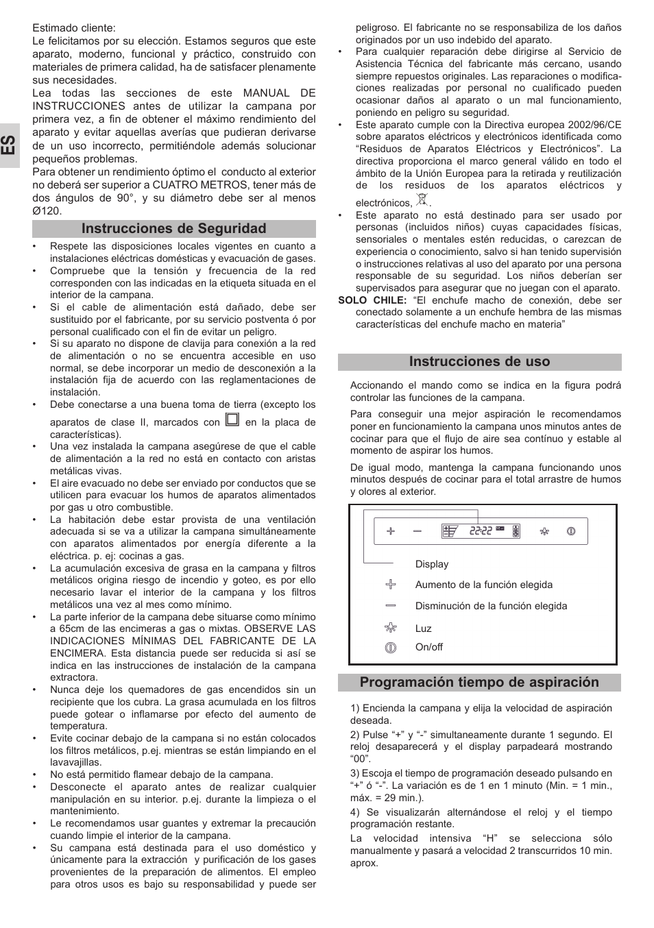 Instrucciones de seguridad, Instrucciones de uso, Programación tiempo de aspiración | Teka DHC 90 User Manual | Page 6 / 40