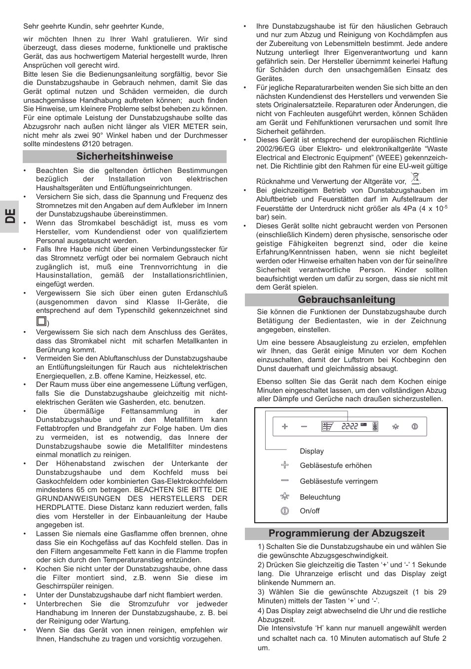 Sicherheitshinweise, Gebrauchsanleitung, Programmierung der abzugszeit | Teka DHC 90 User Manual | Page 8 / 40