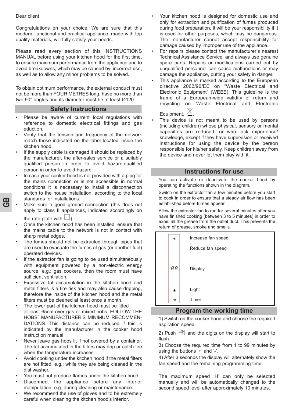 Instructions for use, Safety instructions, Program the working time | Teka DU 90 User Manual | Page 10 / 16