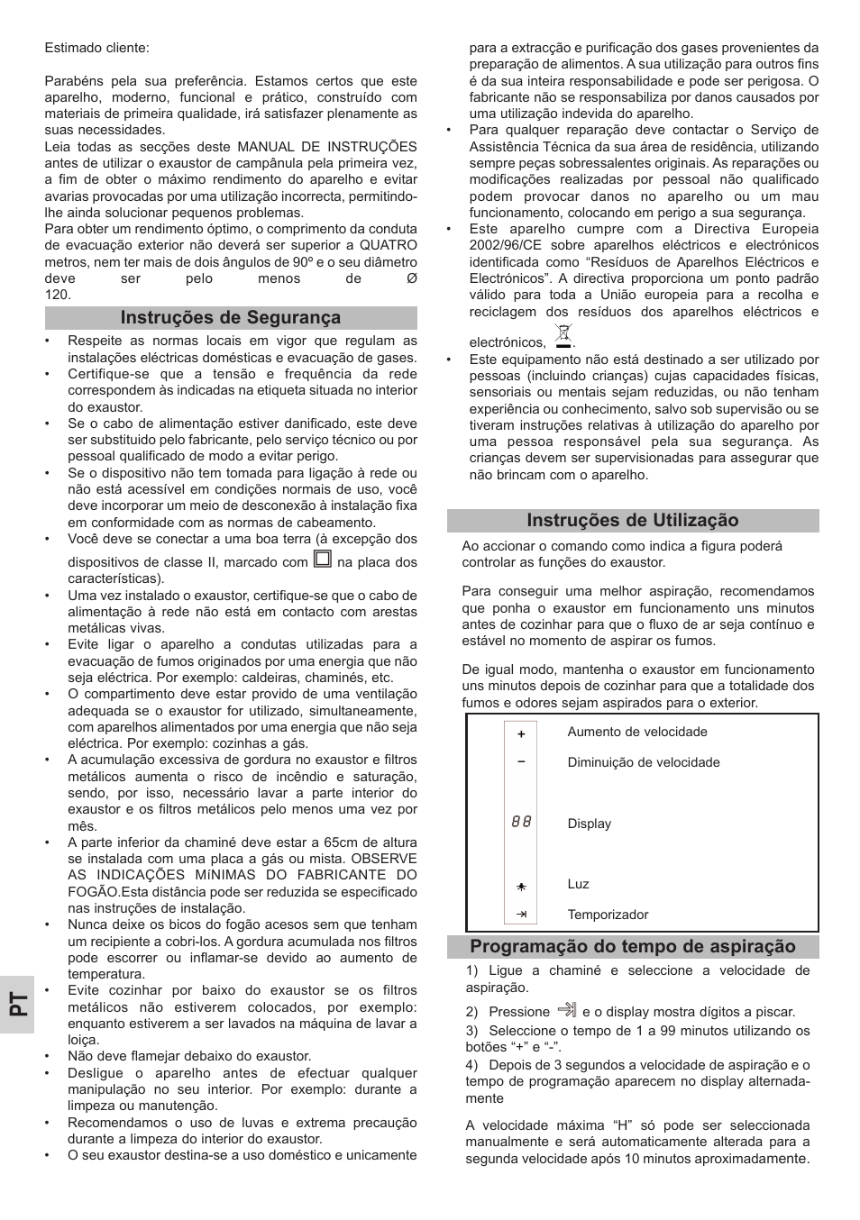 Instruções de segurança, Instruções de utilização, Programação do tempo de aspiração | Teka DU 90 User Manual | Page 14 / 16