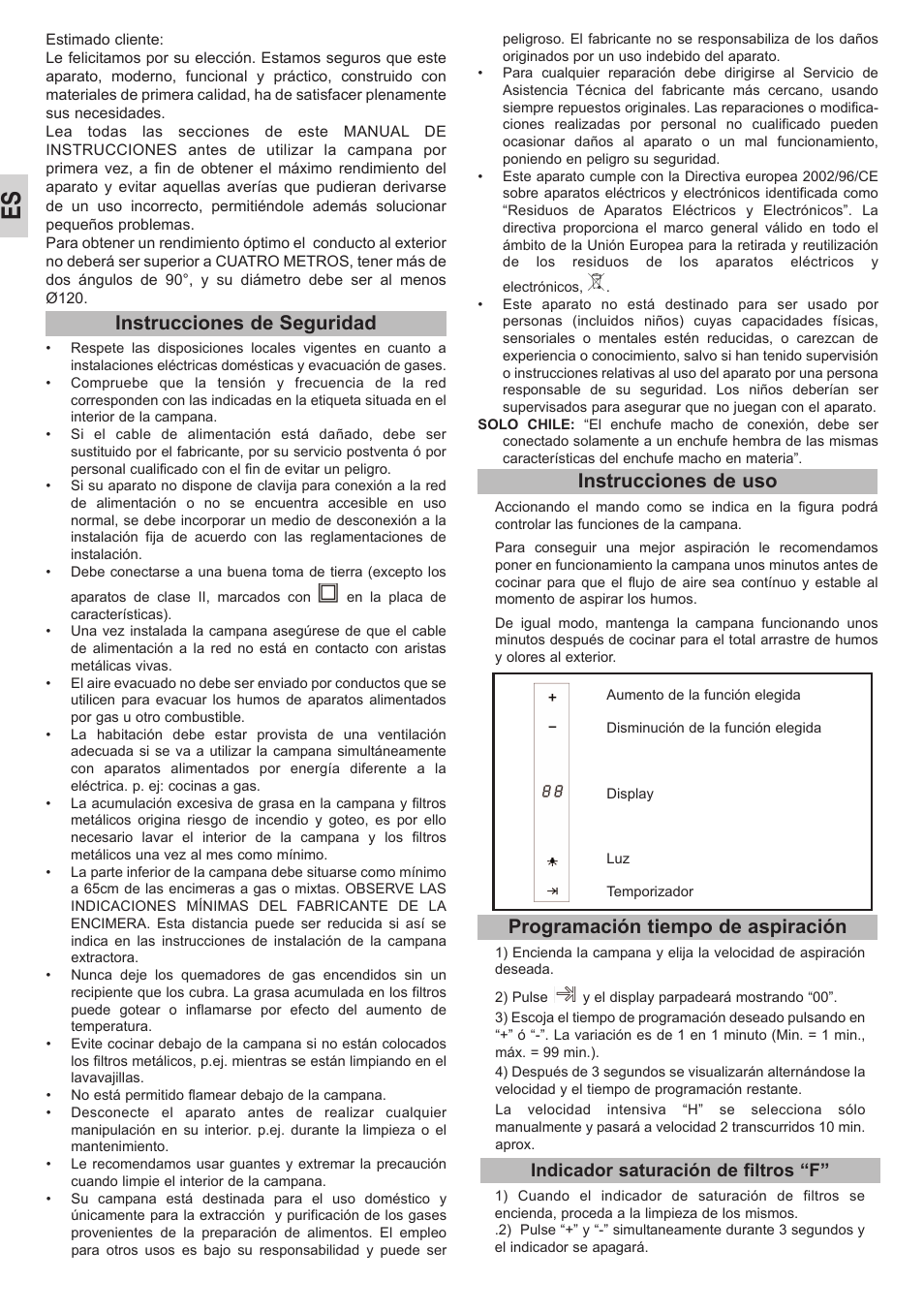 Instrucciones de seguridad, Instrucciones de uso, Programación tiempo de aspiración | Teka DU 90 User Manual | Page 6 / 16