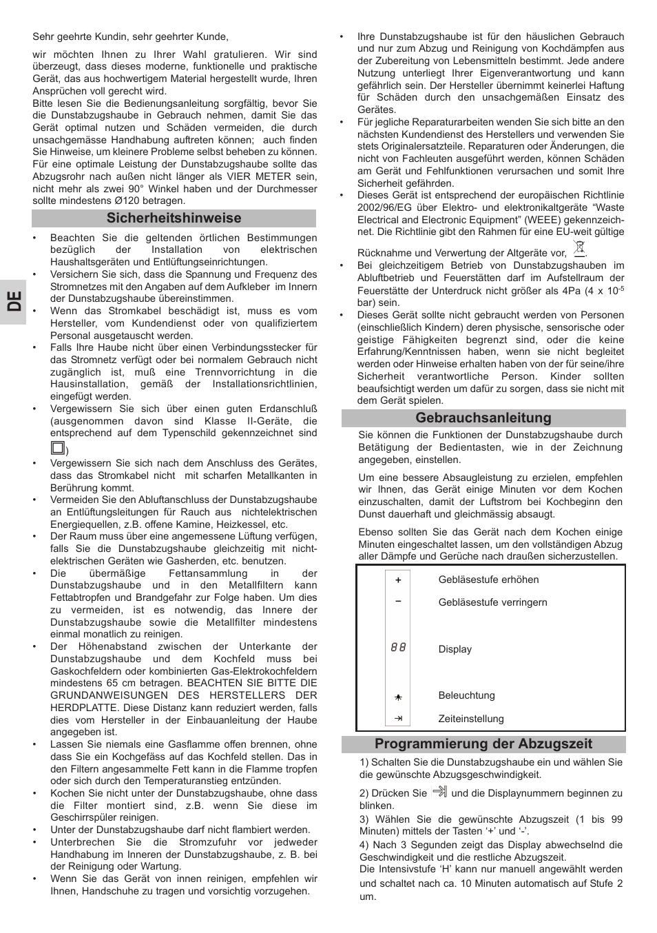 Sicherheitshinweise, Gebrauchsanleitung, Programmierung der abzugszeit | Teka DU 90 User Manual | Page 8 / 16