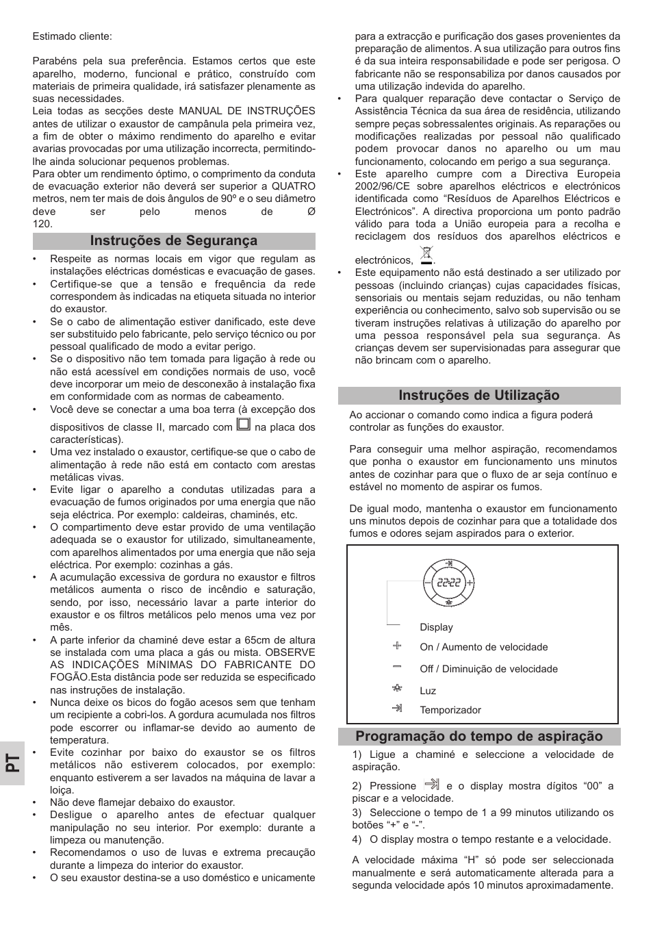 Instruções de segurança, Instruções de utilização, Programação do tempo de aspiração | Teka DPL 90 User Manual | Page 14 / 16