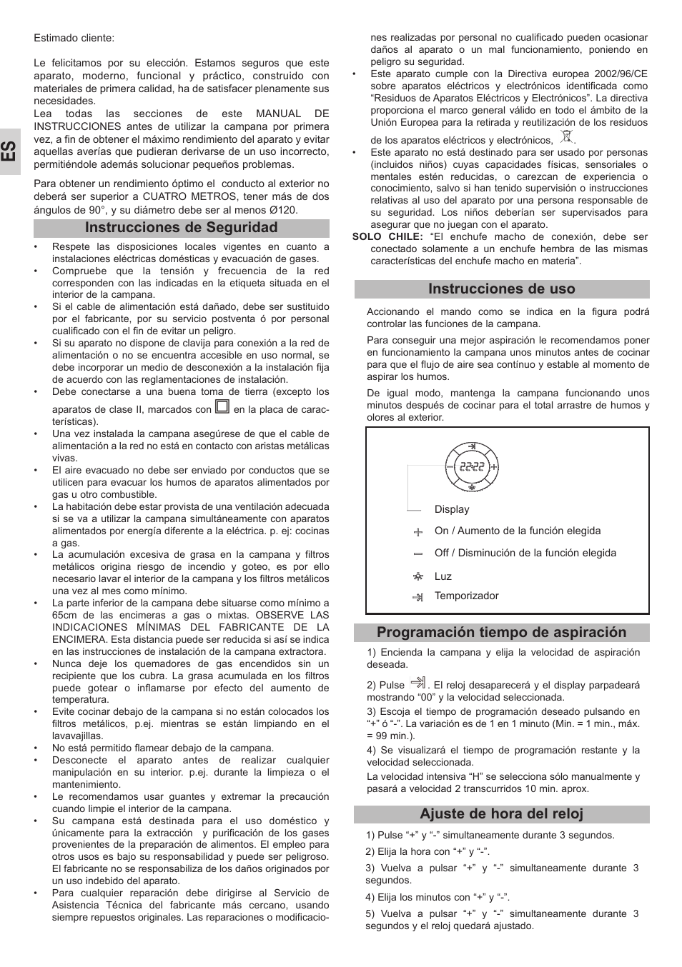 Instrucciones de seguridad, Instrucciones de uso, Programación tiempo de aspiración | Ajuste de hora del reloj | Teka DPL 90 User Manual | Page 6 / 16