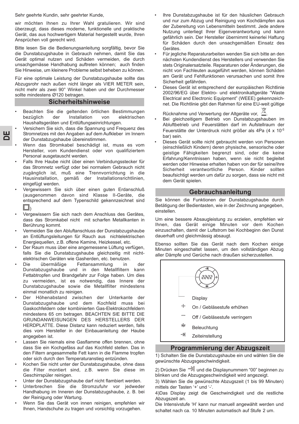 Sicherheitshinweise, Gebrauchsanleitung, Programmierung der abzugszeit | Teka DPL 90 User Manual | Page 8 / 16