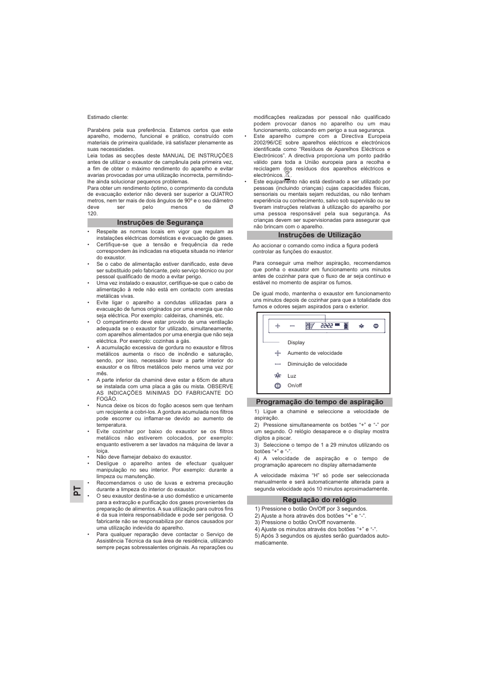 Instruções de segurança, Instruções de utilização, Programação do tempo de aspiração | Regulação do relógio | Teka DVE 70_90 Cristal User Manual | Page 12 / 36