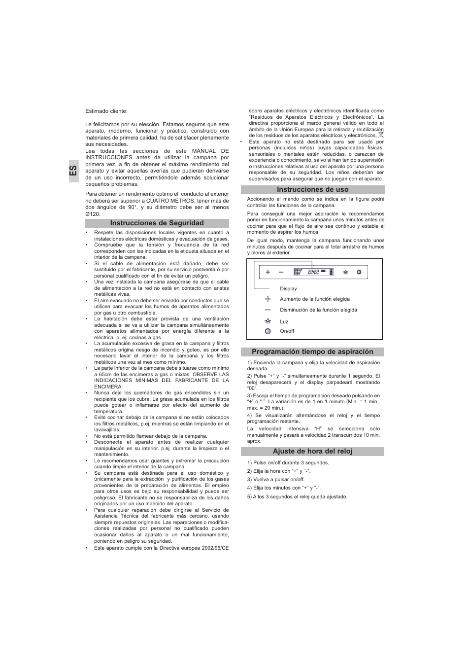 Instrucciones de seguridad, Instrucciones de uso, Programación tiempo de aspiración | Ajuste de hora del reloj | Teka DVE 70_90 Cristal User Manual | Page 4 / 36