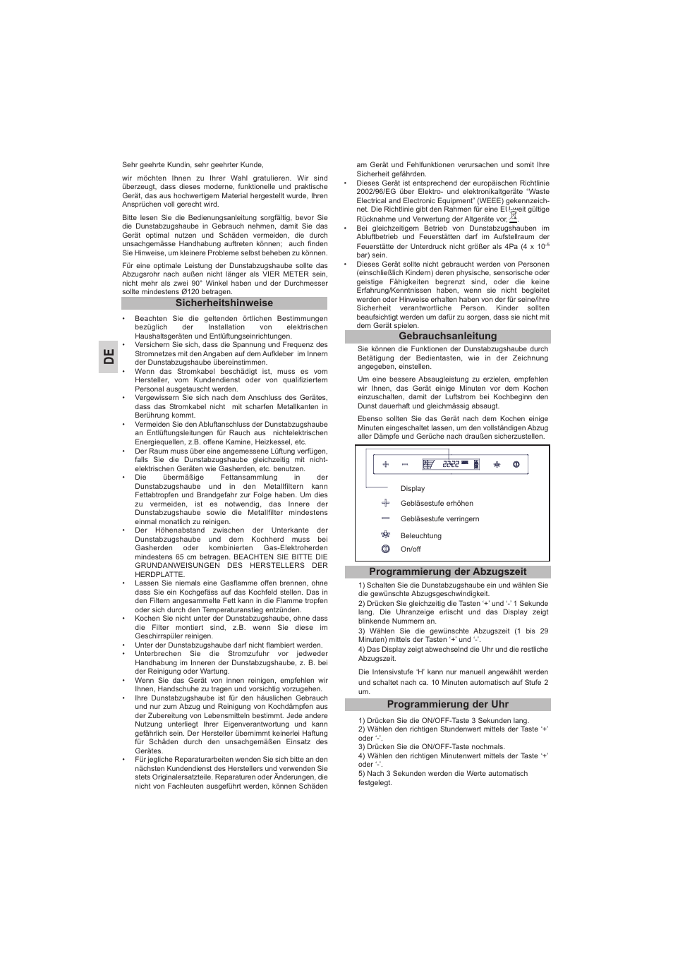 Sicherheitshinweise, Gebrauchsanleitung, Programmierung der abzugszeit | Programmierung der uhr | Teka DVE 70_90 Cristal User Manual | Page 6 / 36