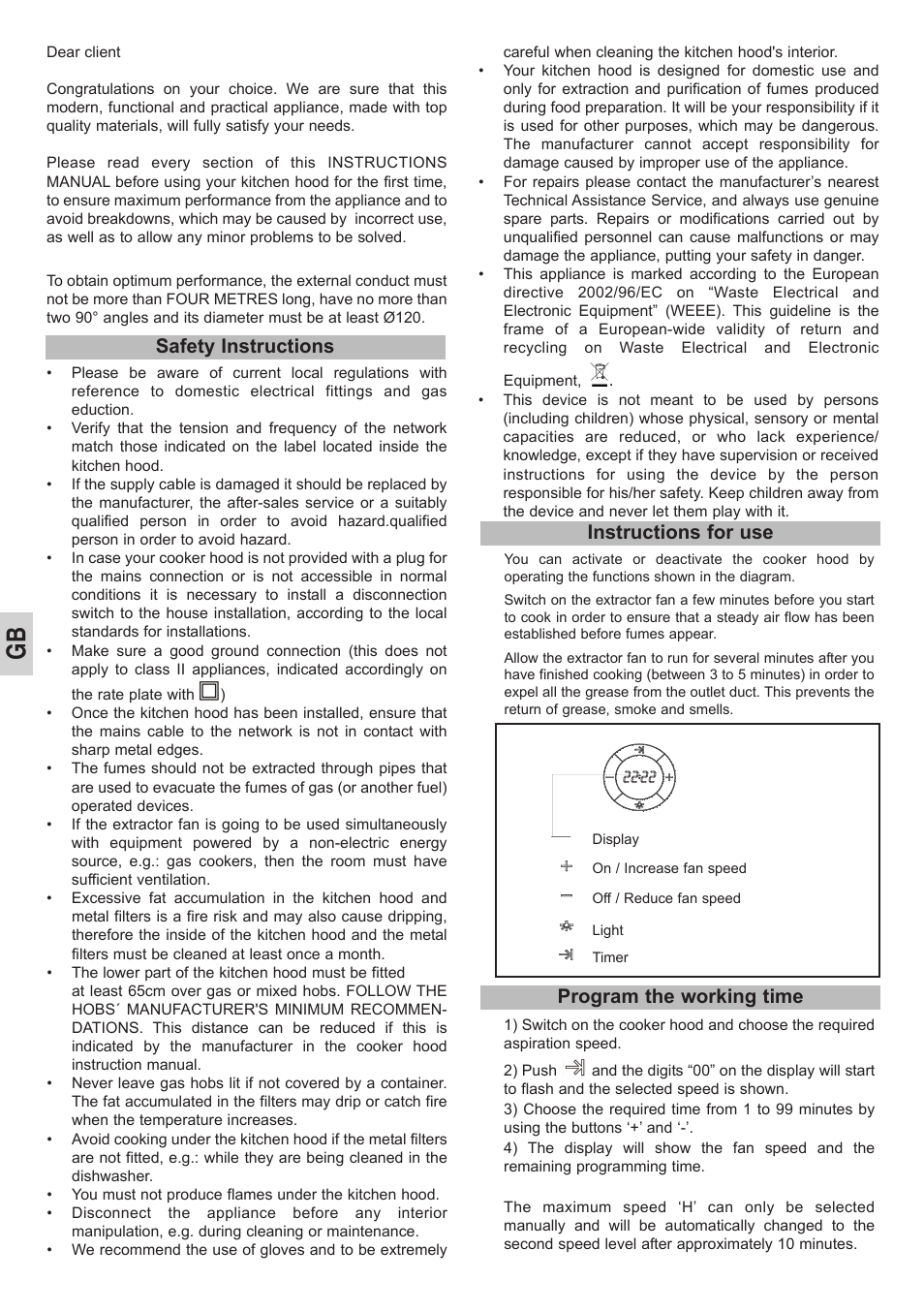 Instructions for use, Safety instructions, Program the working time | Teka DVL 90 CRISTAL User Manual | Page 10 / 16