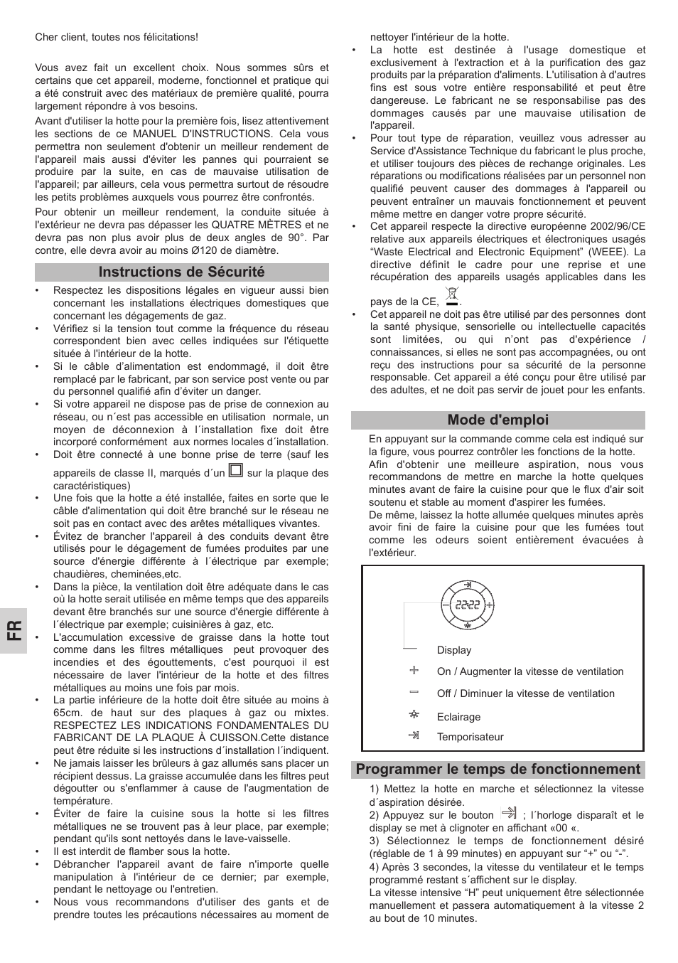 Instructions de sécurité mode d'emploi, Programmer le temps de fonctionnement | Teka DVL 90 CRISTAL User Manual | Page 12 / 16
