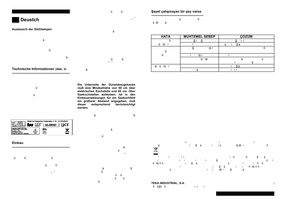 Deustch | Teka GFH 73 User Manual | Page 8 / 16
