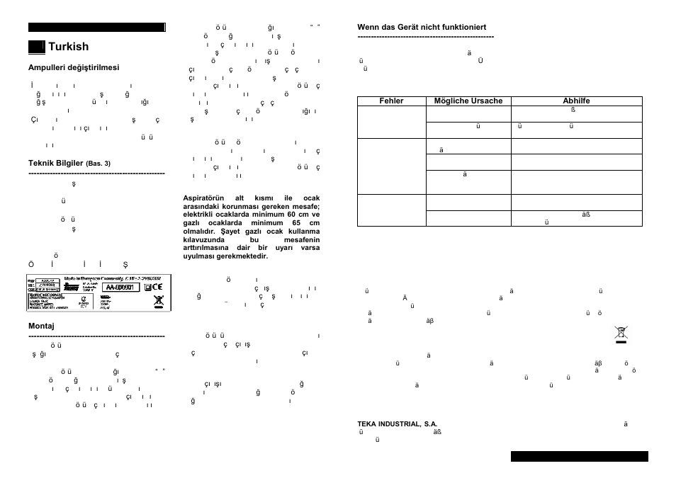 Turkish | Teka GFH 73 User Manual | Page 9 / 16