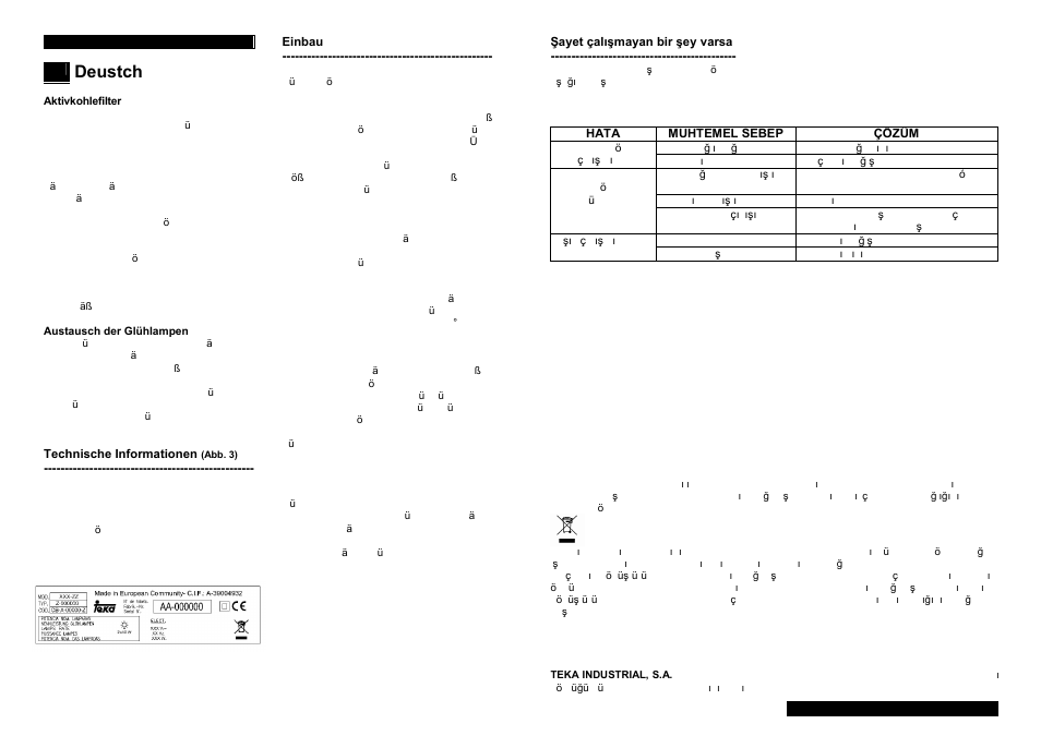 Deustch | Teka C 620 CLASSIC User Manual | Page 8 / 18