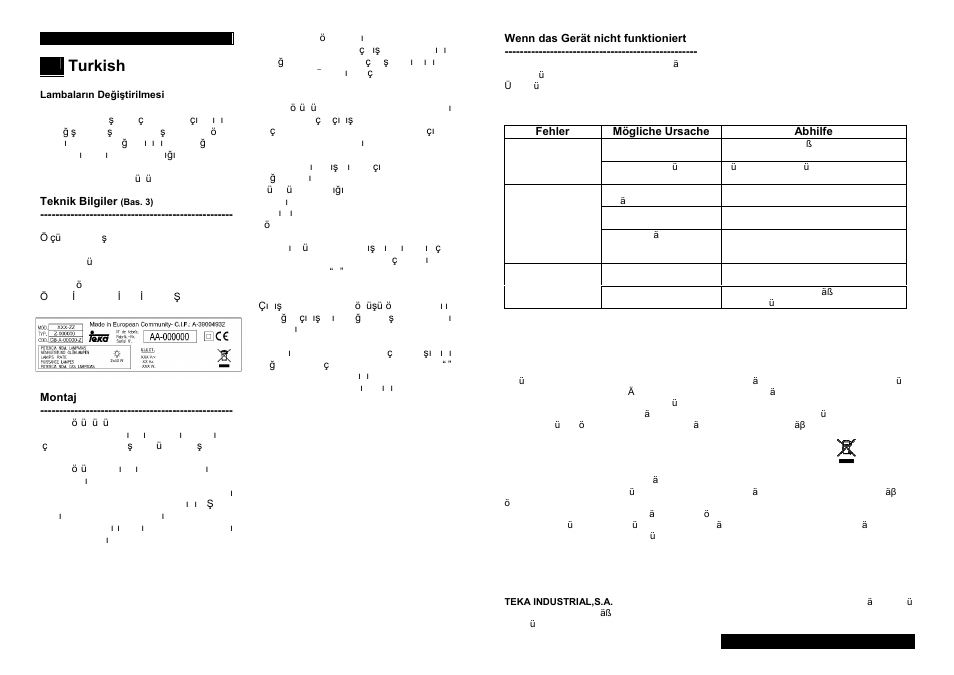 Turkish | Teka C 620 CLASSIC User Manual | Page 9 / 18