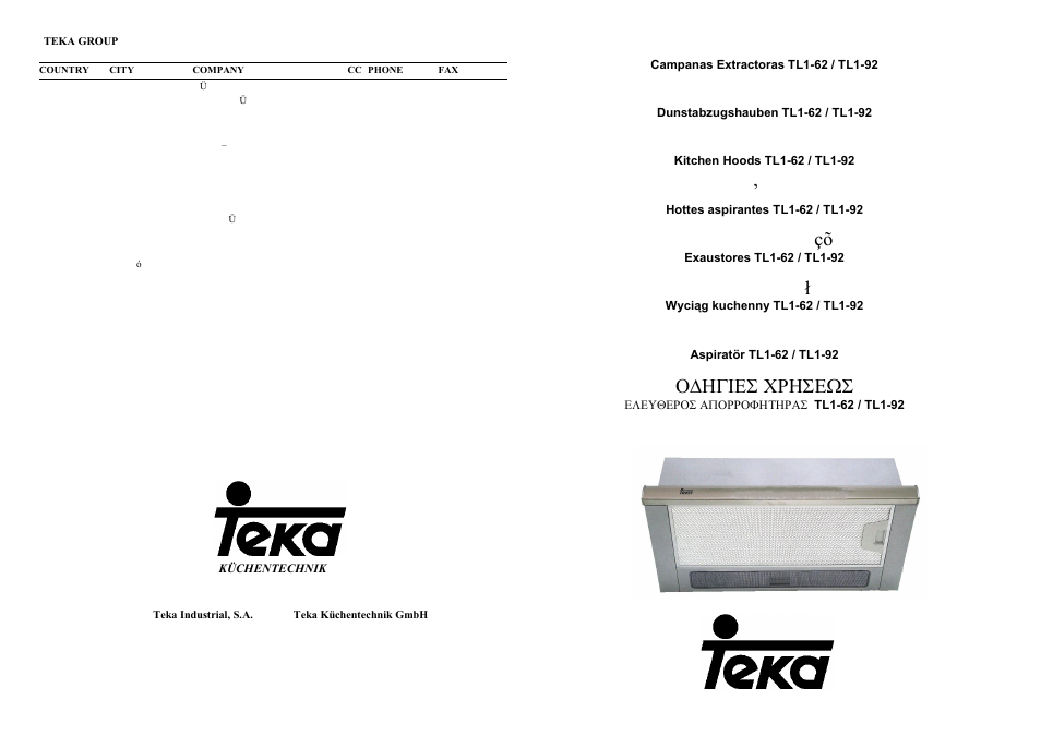 Teka TL1 92 User Manual | 18 pages