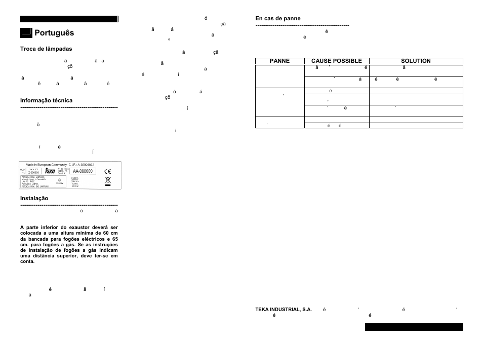 Português | Teka TL1 92 User Manual | Page 17 / 18