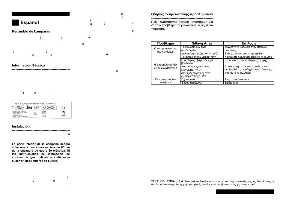 Español | Teka TL1 92 User Manual | Page 4 / 18