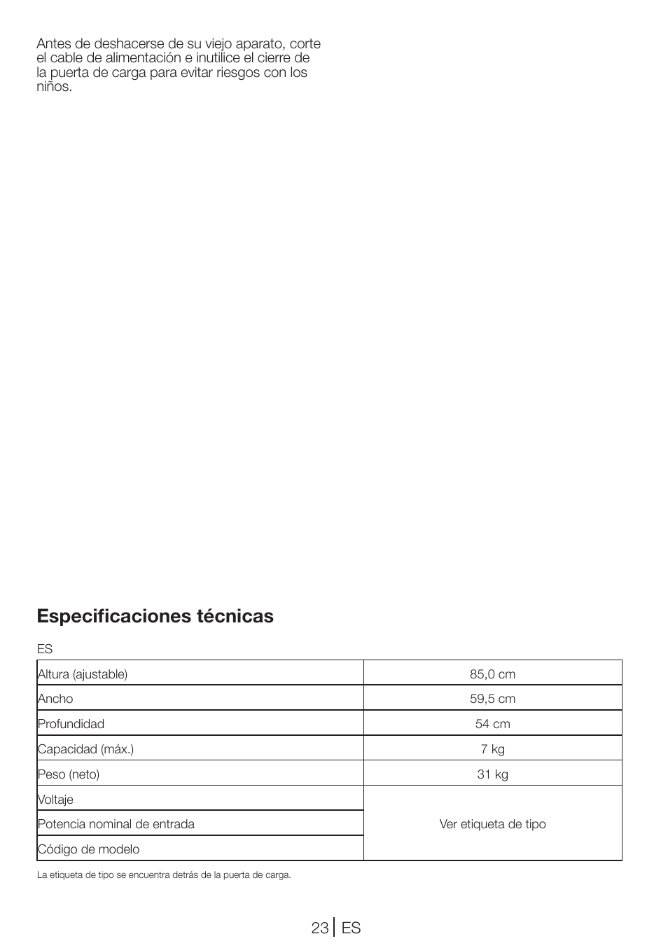 Especificaciones técnicas | Teka TKS2 650 User Manual | Page 23 / 49