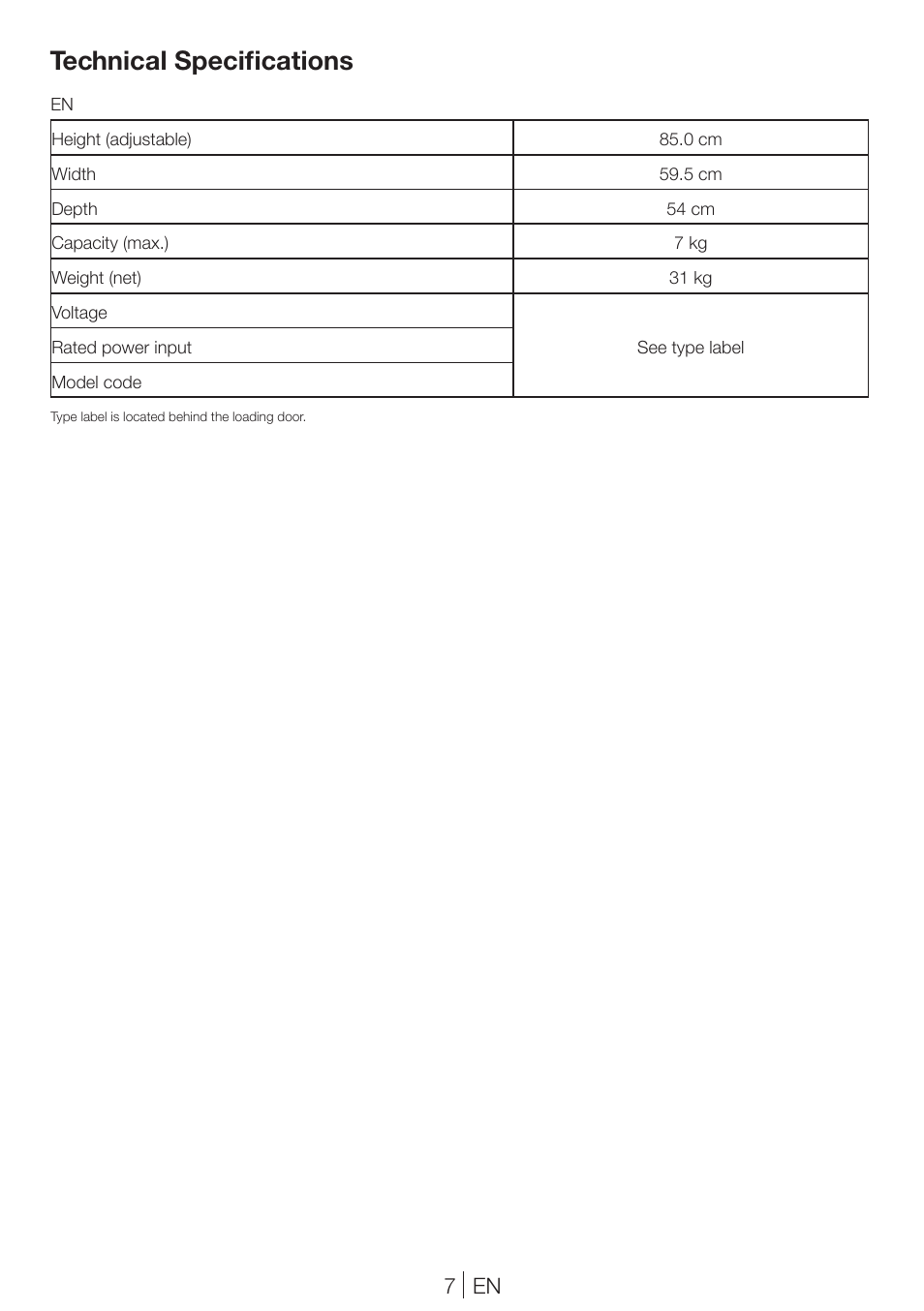 Technical specifications, 7 en | Teka TKS2 650 User Manual | Page 7 / 49