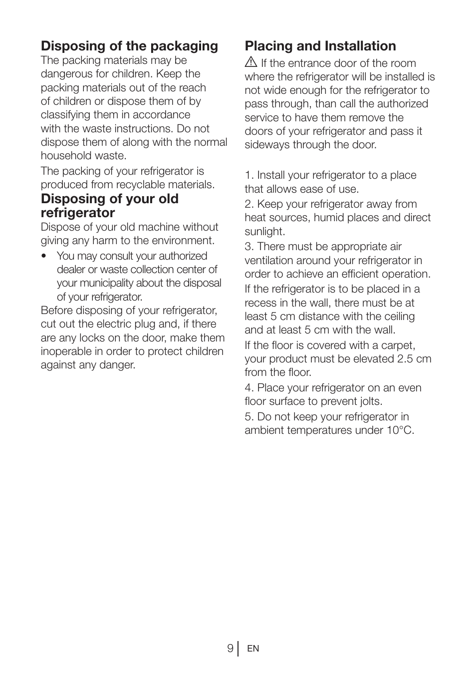 Disposing of the packaging, Disposing of your old refrigerator, Placing and installation a | Teka RVI 35 User Manual | Page 10 / 160