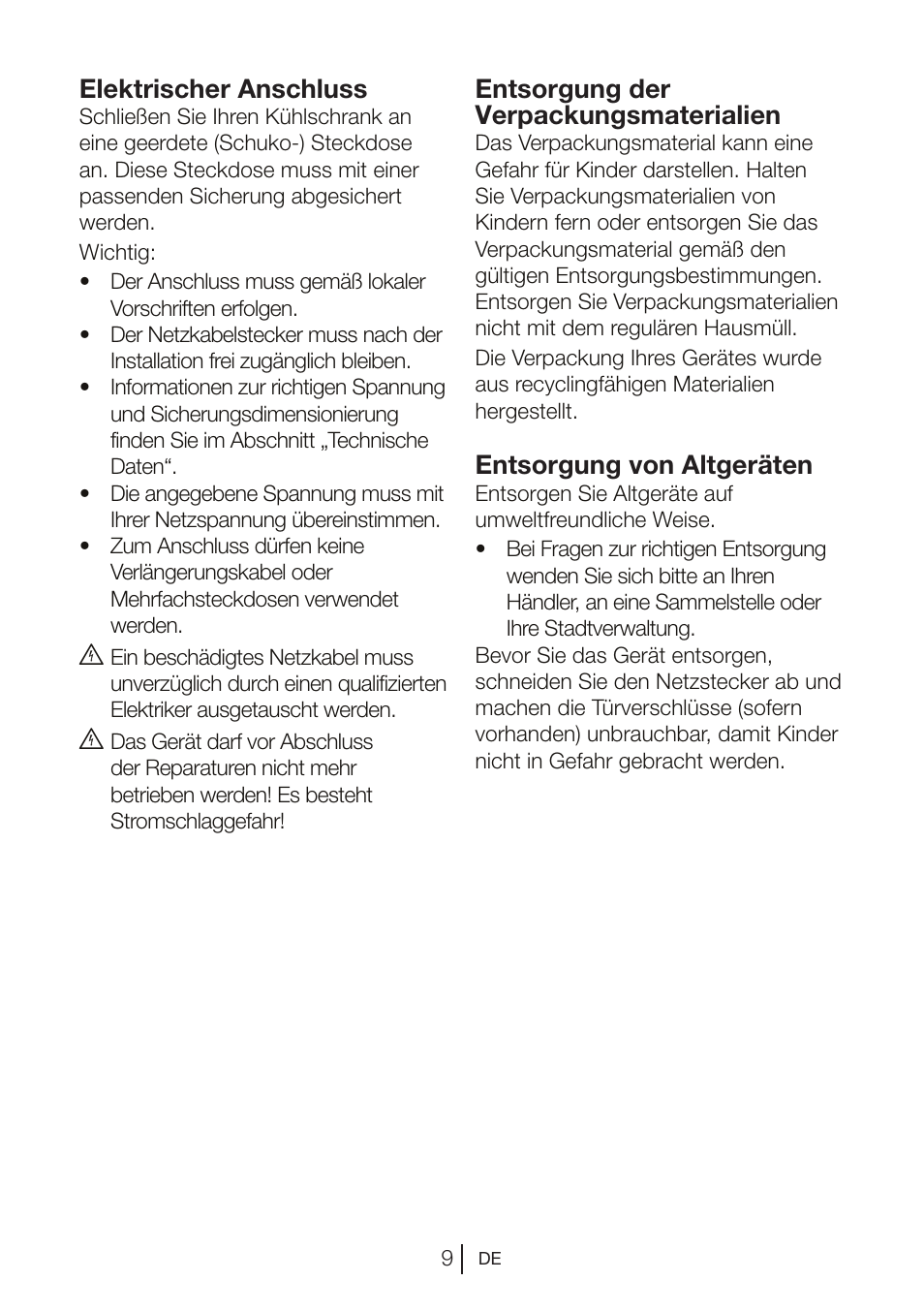 Elektrischer anschluss, Entsorgung der verpackungsmaterialien, Entsorgung von altgeräten | Teka RVI 35 User Manual | Page 27 / 160