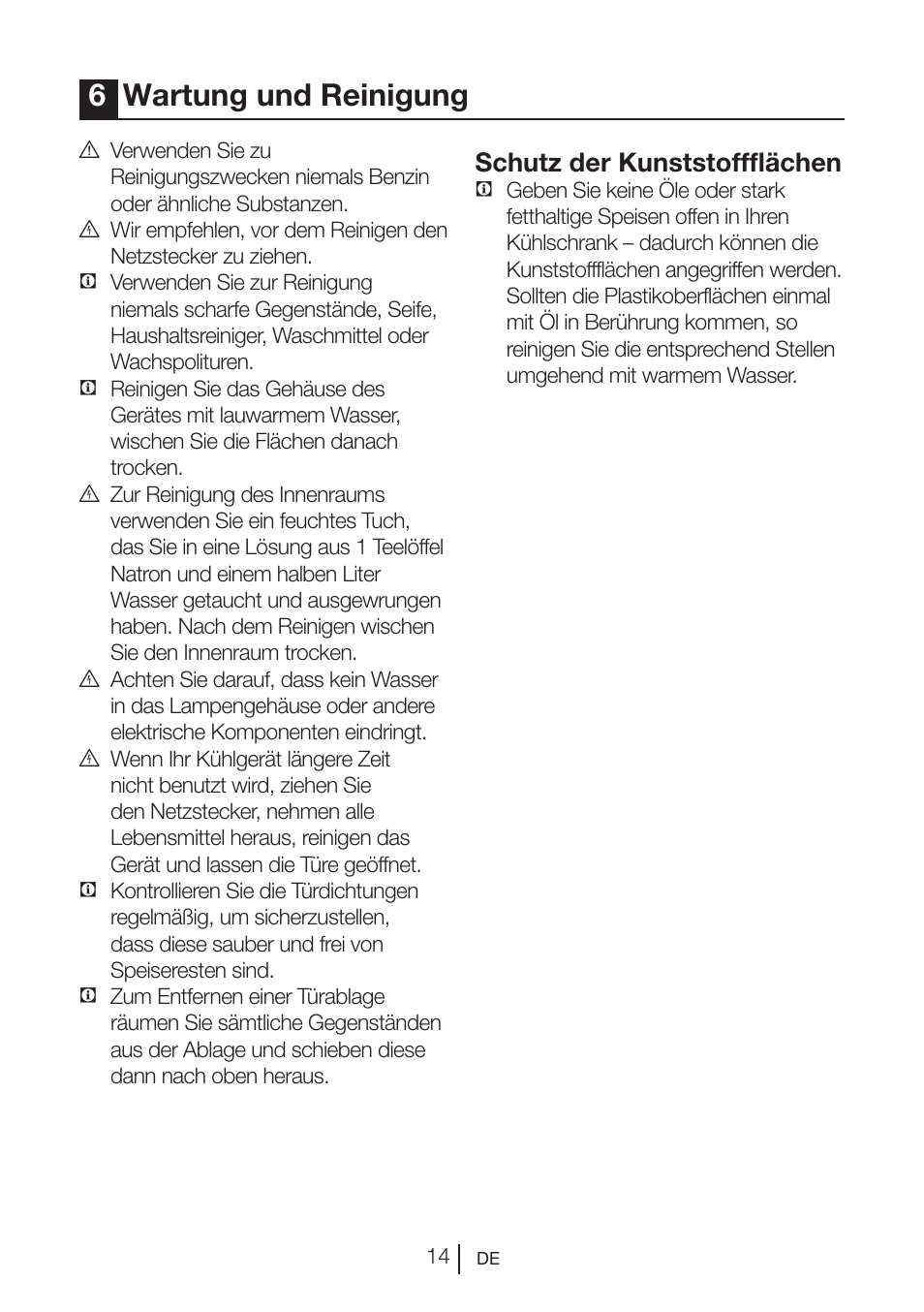 6wartung und reinigung, Schutz der kunststoffflächen | Teka RVI 35 User Manual | Page 32 / 160