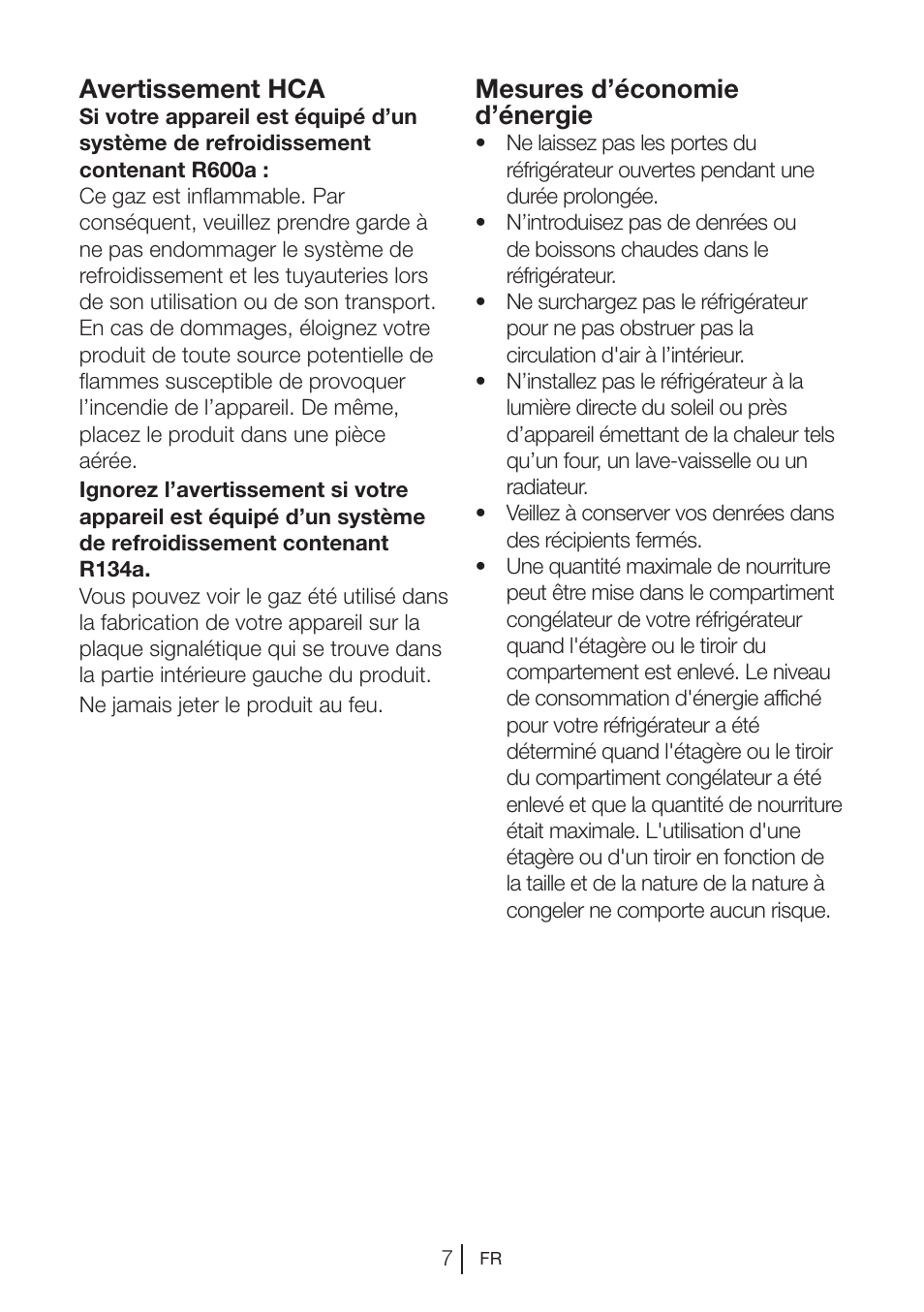 Avertissement hca, Mesures d’économie d’énergie | Teka RVI 35 User Manual | Page 43 / 160