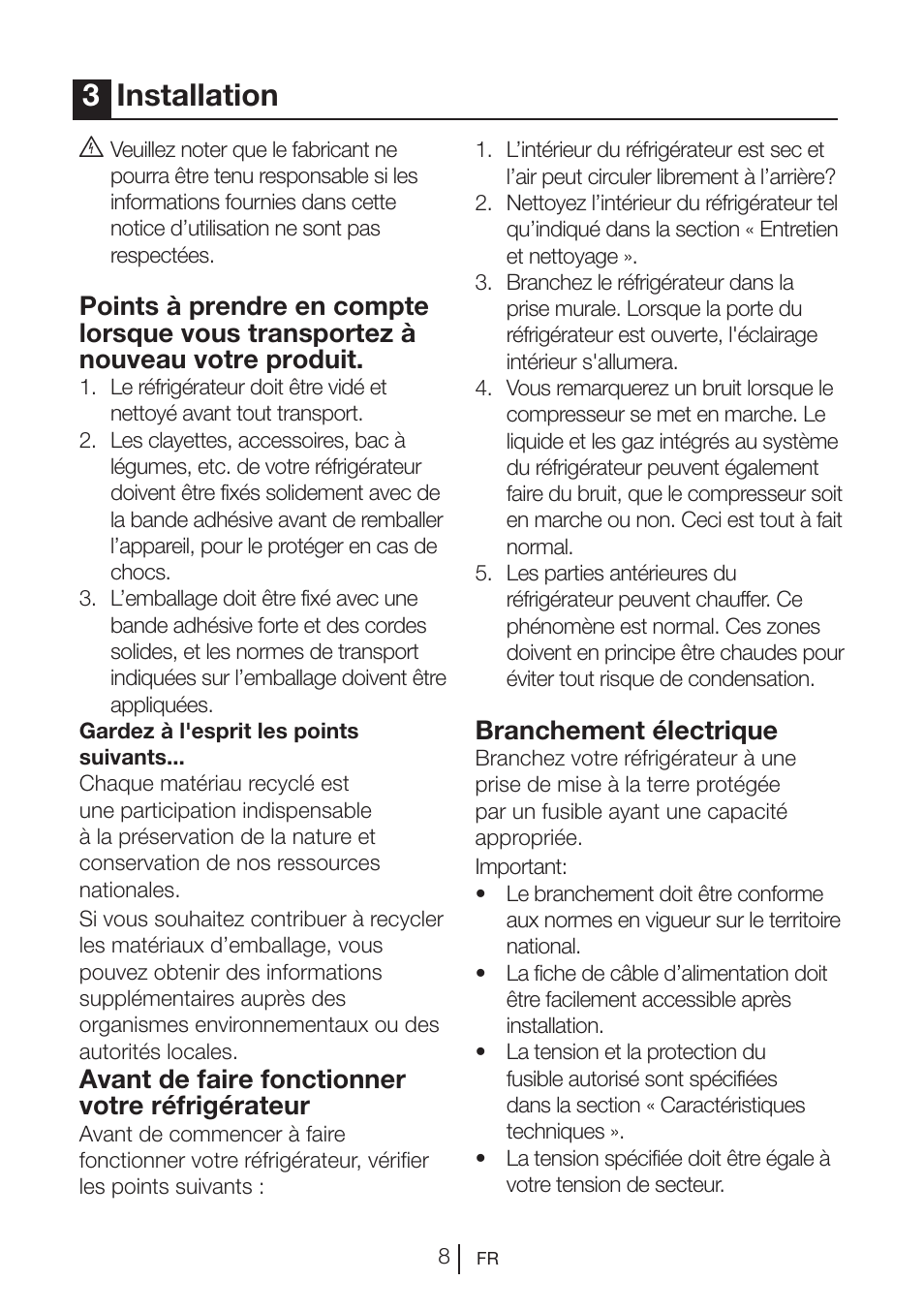 3installation, Avant de faire fonctionner votre réfrigérateur, Branchement électrique | Teka RVI 35 User Manual | Page 44 / 160