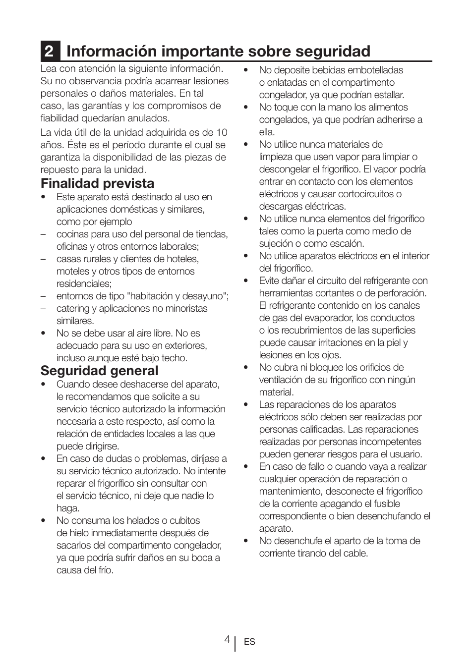 2información importante sobre seguridad, Finalidad prevista, Seguridad general | Teka RVI 35 User Manual | Page 58 / 160