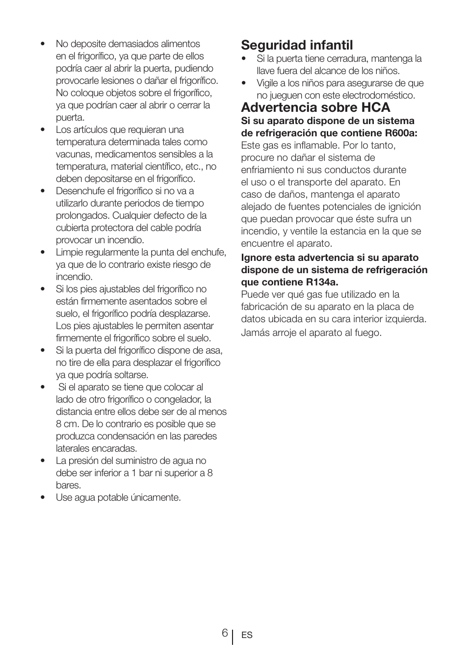 Seguridad infantil, Advertencia sobre hca | Teka RVI 35 User Manual | Page 60 / 160