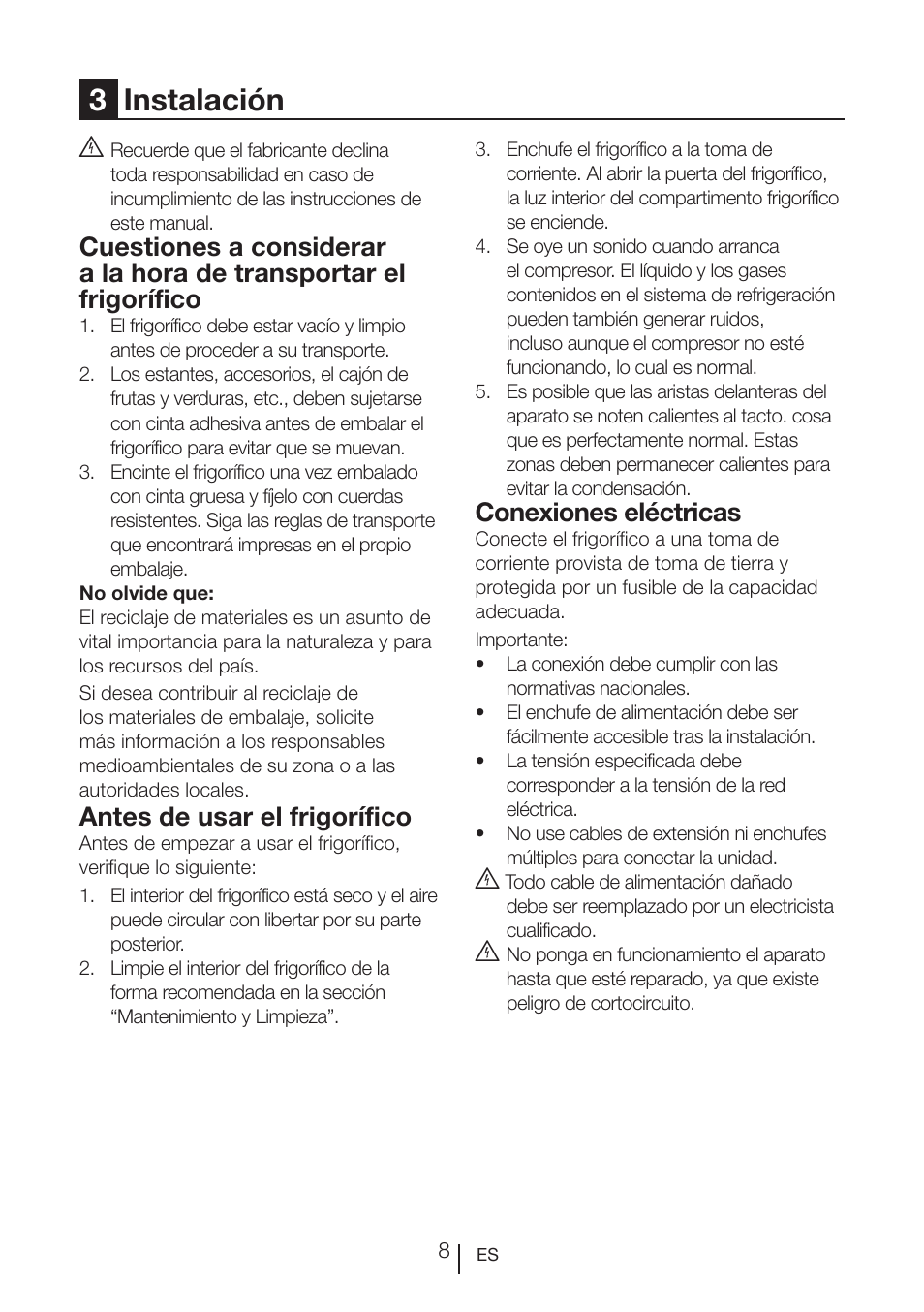 3instalación, Antes de usar el frigorífico, Conexiones eléctricas | Teka RVI 35 User Manual | Page 62 / 160